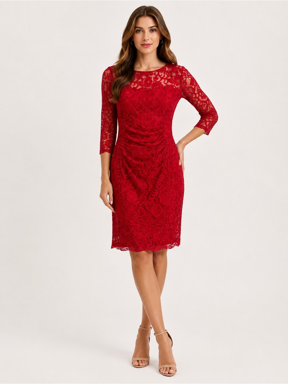98. Kasper Red Lace Midi Sheath Dress with Three-Quarter Sleeves